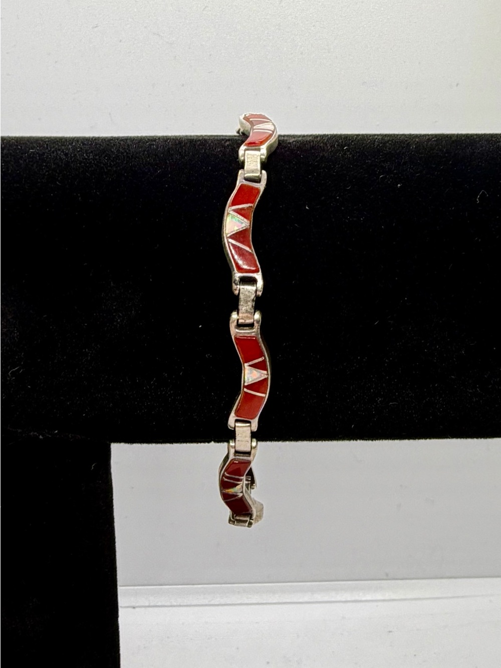Vintage Sterling Silver Zuni Style Red Inlay & Opal Wave Link Bracelet 8 Inches